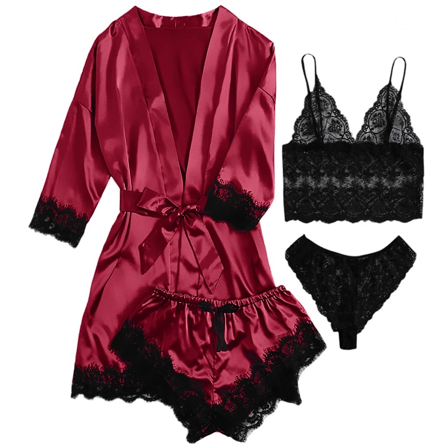 Sexy Lingerie, Silk Satin Pajamas for Women, Womens Summer Pajamas Pjs Sets of 4 Pcs with Floral Lace Top Shorts and Robe, Gift for Women, Black, M